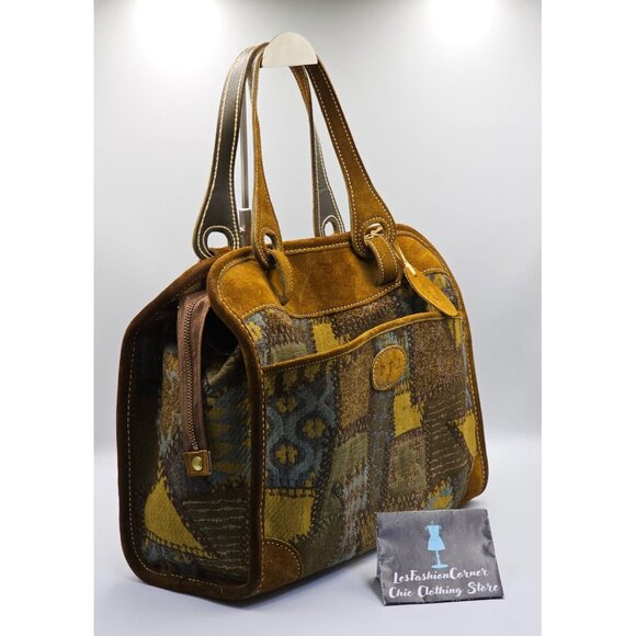 Vintage French Company Patchwork Suede Leather Travel Handbag Sz L 2710 - Picture 3 of 16